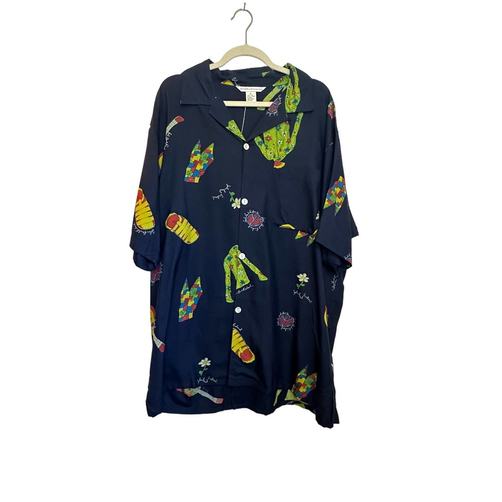 John Paul Richard Navy Blue Silk Short Sleeve Button Down Hippie Shirt sz XL NWT